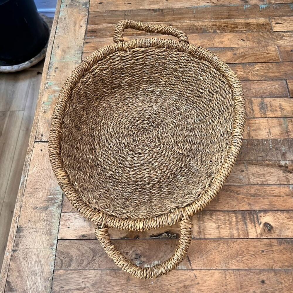 Winnowing Round Basket Tray 12" Woven Gathering Cottage Handles Raffia